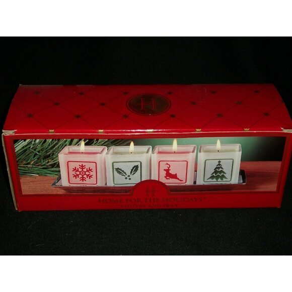 Home for the Holidays Christmas Votive Candles & Tray Set of 4 Red Green Frosted - Picture 1 of 7